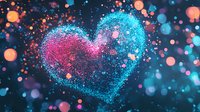 Glowing heart shape formed by luminous particles in pink and blue colors against dark background with magical bokeh lights and sparkles. For romantic designs.