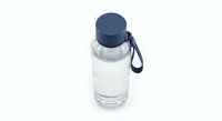 Clear glass water bottle with navy blue cap and carrying strap isolated on white background for healthy lifestyle and hydration concepts.