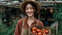 Young Asian woman farmer in straw hat holding basket of fresh red tomatoes at organic farm market garden smiling happily during harvest season.
