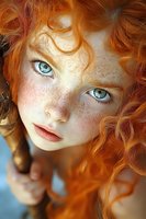 Close up portrait of young woman with natural red curly hair, bright blue eyes and freckled face looking directly at camera with gentle expression.