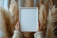 Woman hands holding blank white picture frame mockup against dried pampas grass background for home decor and interior design projects.