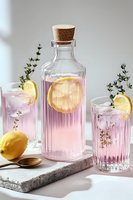 Pink lemonade with fresh thyme sprigs in glass bottle and highball glasses on marble board, garnished with lemon slices. Refreshing summer drink styling.