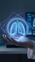 Digital holographic lungs floating above doctor hand with futuristic medical interface technology for respiratory health diagnosis and treatment concepts.