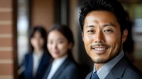 Confident Asian businessman smiling at camera with diverse female colleagues in background at modern office. Professional team portrait for corporate success.