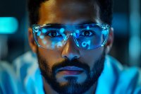 African American male scientist wearing protective glasses with digital data reflection in blue neon lighting, representing modern research and technology advancement.