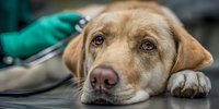 Golden retriever dog lying on veterinary examination table with veterinarian in green scrubs providing medical care and treatment at animal hospital clinic.