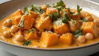 Creamy butternut squash curry with chickpeas and fresh herbs served in gray ceramic bowl, vibrant orange color and rich sauce creating appetizing meal.