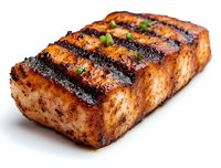 Grilled salmon fillet with charred grill marks and caramelized glaze, garnished with fresh herbs on white background, close up view of flaky fish texture.