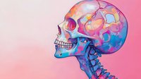 Colorful anatomical skull and neck bones in vibrant gradient pink and blue colors against pink background, artistic medical illustration for educational purposes.