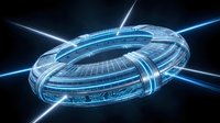 Futuristic holographic torus ring with glowing blue energy beams and grid patterns on dark background for sci-fi technology concepts and digital innovation designs.