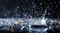 Water drop splashing on dark wet surface creating crown shape splash with bokeh light effects and water droplets in dramatic macro photography.