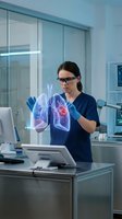 Female doctor examining holographic lung projection in modern medical laboratory with advanced technology for respiratory health diagnosis.
