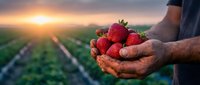 Farmer hands holding fresh ripe strawberries at sunset in agricultural field. Organic farming, harvest season, healthy food production concept.