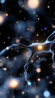 Glowing neuron cell with synaptic connections transmitting electrical signals through neural network, surrounded by bokeh light particles. Use for neuroscience, medical research, brain health, and education.