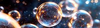 Glowing soap bubbles floating in dark space with bokeh lights and reflections create magical atmosphere for fantasy and dream concepts.