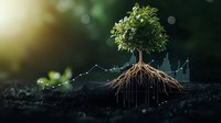 Growing tree with exposed root system and digital financial graph overlay on dark soil background with bokeh light effect and copy space for finance growth concept.