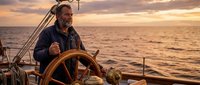 Experienced sea captain steering wooden ship wheel at sunset on ocean waters with warm golden light reflecting on waves and rigging visible.