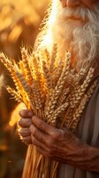 Golden wheat stalks held in weathered hands at sunset, capturing warm harvest moment with dramatic backlighting and bokeh effect. Perfect for agriculture, farming, and seasonal themes.