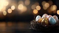 Decorative Easter eggs with metallic and pastel finishes nestled in dark natural nest against blurred warm bokeh lights background, creating festive holiday mood.