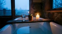 Luxurious bathtub with lit candles and glowing ambiance overlooking city skyline at dusk, creating serene spa atmosphere for relaxation and wellness.
