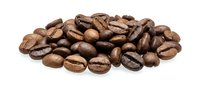 Roasted coffee beans pile isolated on white background for cafe menu design and beverage advertising materials.