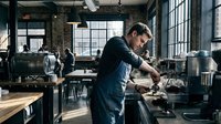 Young Caucasian male barista in denim apron steaming milk at espresso machine in trendy industrial coffee shop with brick walls.