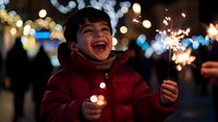 Joyful young boy in red winter jacket holding sparklers, laughing with pure delight against blurred bokeh lights background during festive celebration outdoors.