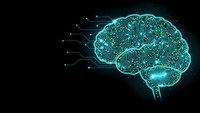 Digital brain with circuit patterns and glowing connections on dark background for artificial intelligence and technology concepts.