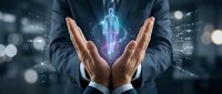 Businessman hands protecting glowing digital human hologram with data connections in futuristic technology concept for healthcare innovation and protection.