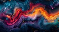 Abstract fluid art with vibrant swirls of red, orange, blue, and purple creating a cosmic nebula effect. Colorful marbled texture for creative backgrounds.