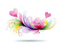 Colorful floral swirls with pink hearts and Happy Mother's Day text on white background for greeting cards and celebration designs.