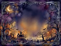 Halloween night scene with haunted house, bare trees, bats and crescent moon in ornate decorative frame for seasonal designs and spooky themed projects.