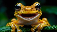 Smiling yellow tree frog on green leaf macro shot, bright golden amphibian with big eyes and happy expression against dark background, wildlife photography.