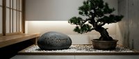 Zen garden with bonsai tree and welcome stone on white gravel, Japanese minimalist interior design for relaxation and meditation.