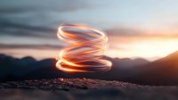 Glowing spiral light trails against mountain silhouette at sunset, creating magical illuminated rings in nature with dramatic sky background.