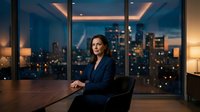 Professional businesswoman in dark suit sitting confidently at modern office desk with panoramic city skyline view through floor-to-ceiling windows at dusk.