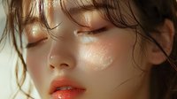 Young Asian woman with glowing dewy skin, closed eyes, and coral lips in soft golden light. Wet strands of dark hair frame face showing modern K-beauty skincare aesthetic.