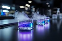 Glowing purple cocktails with dry ice smoke effect on dark bar counter, creating mysterious atmosphere with neon blue lighting and vapor trails.