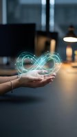 Hands holding glowing infinity symbol with digital network connections in modern office environment representing endless possibilities and innovation.