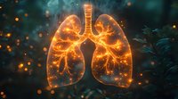 Glowing orange lungs with luminous branching bronchi against dark background with bokeh lights, medical science visualization for respiratory health.