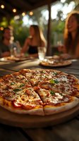 Fresh baked pizza with melted cheese and herbs on wooden table at restaurant with blurred friends dining in warm ambient lighting background.