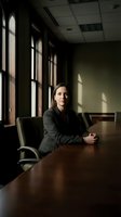 Professional businesswoman sitting at conference table in corporate boardroom with dramatic window lighting for executive leadership concepts.