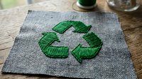 Green recycling symbol embroidered on gray linen fabric patch on rustic wooden surface, representing eco-friendly and sustainable lifestyle concepts.