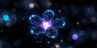 Glowing blue flower shape made of light particles against dark cosmic background with purple and blue bokeh effects.
