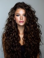 Young woman with long voluminous curly brunette hair and natural makeup against neutral gray background, showcasing modern beauty trends.