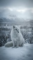 Arctic fox sitting in snowy winter landscape with falling snowflakes and bare shrubs under overcast sky creating serene cold weather wildlife scene.