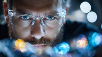 Bearded man in protective eyewear with intense blue eyes against dark background with glowing bokeh lights creating mysterious scientific atmosphere.