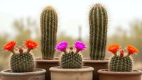 Collection of potted cacti with vibrant blooms in terracotta pots, featuring tall columnar and round barrel varieties with colorful flowers for home decor.
