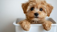 Adorable Yorkshire Terrier puppy sitting in white bathtub with fluffy golden brown coat and expressive dark eyes ready for grooming session.