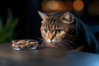 Curious tabby cat with green eyes staring at food bowl in dark moody setting, dramatic lighting highlights feline expression and whiskers against blurred background.